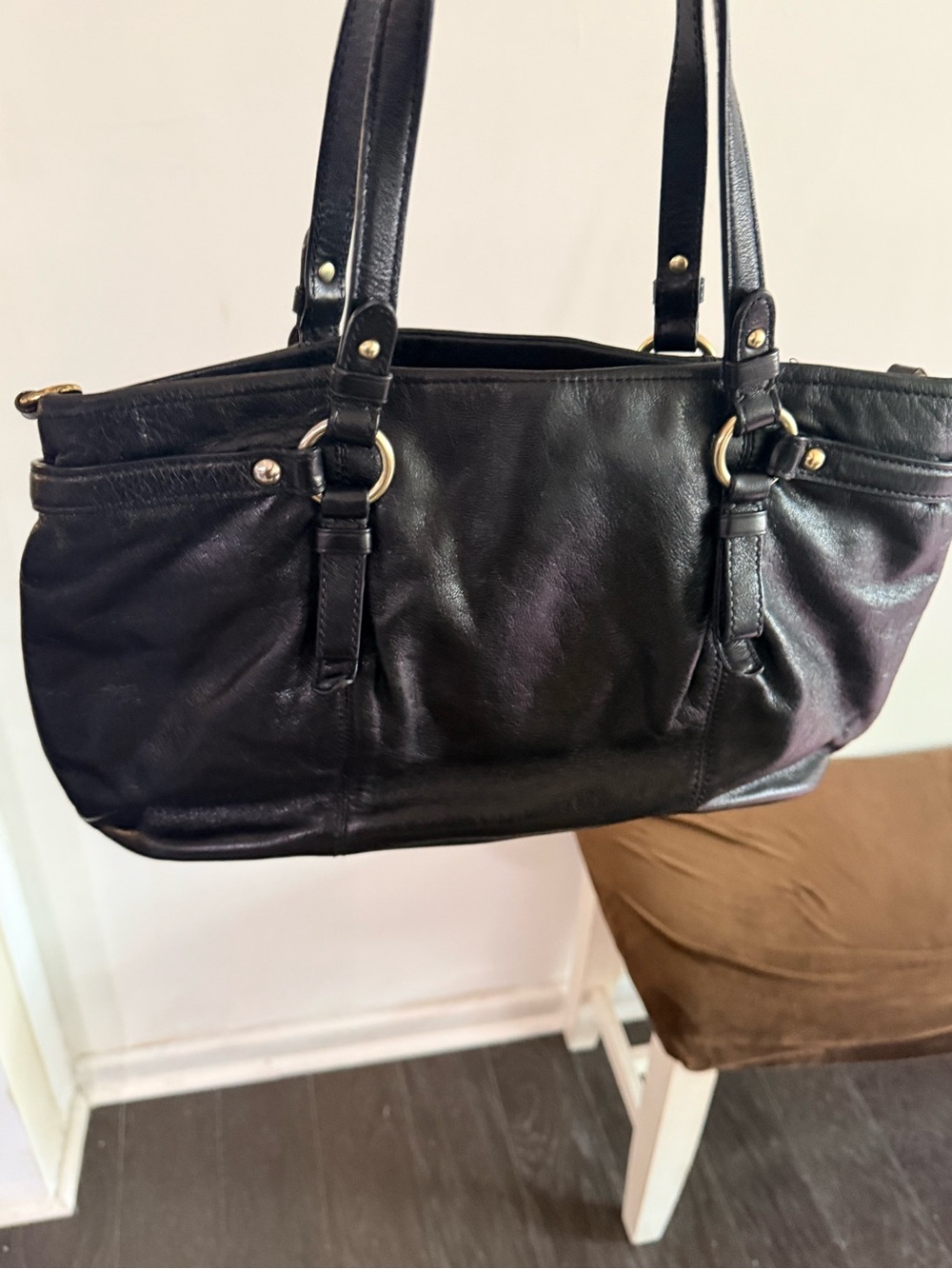 Coach Black Leather Shoulder Tote with Gold Accents - Picture 3 of 8